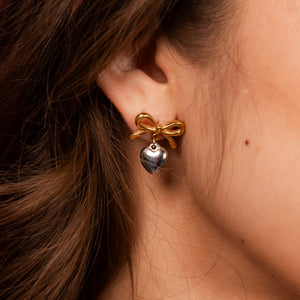 Bow Heart Earrings Two Toned