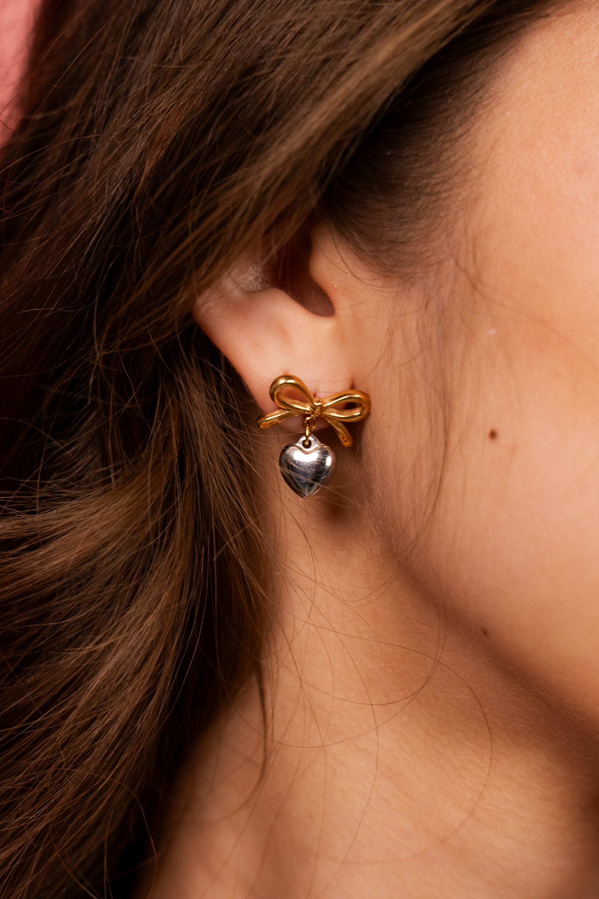 Bow Heart Earrings Two Toned